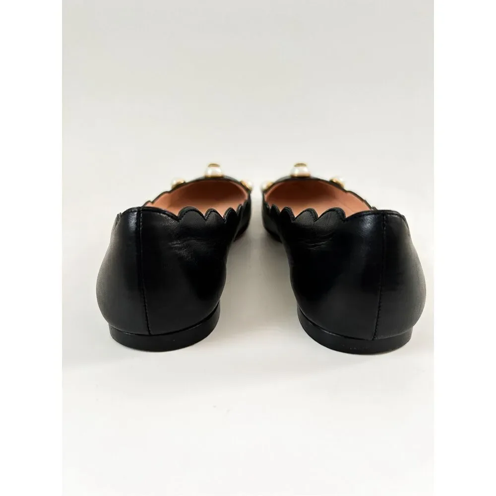 Gucci Black Scalloped Pearl-Embellished Leather Flats